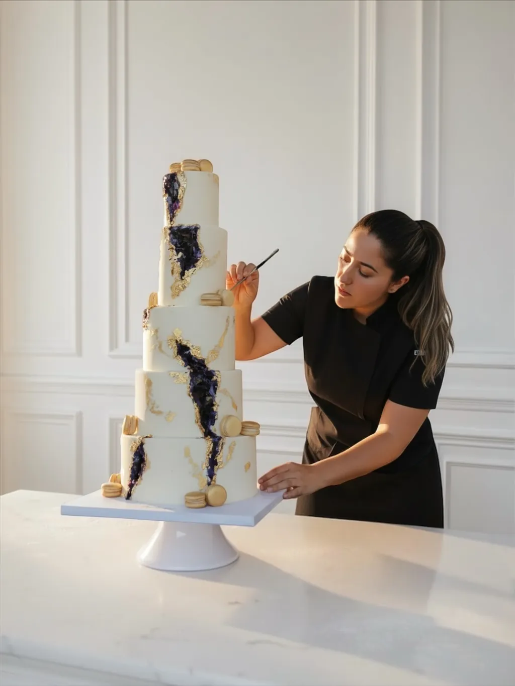 Laura Saturno decorando a mano un pastel de tres pisos con una geoda de azúcar en azul profundo